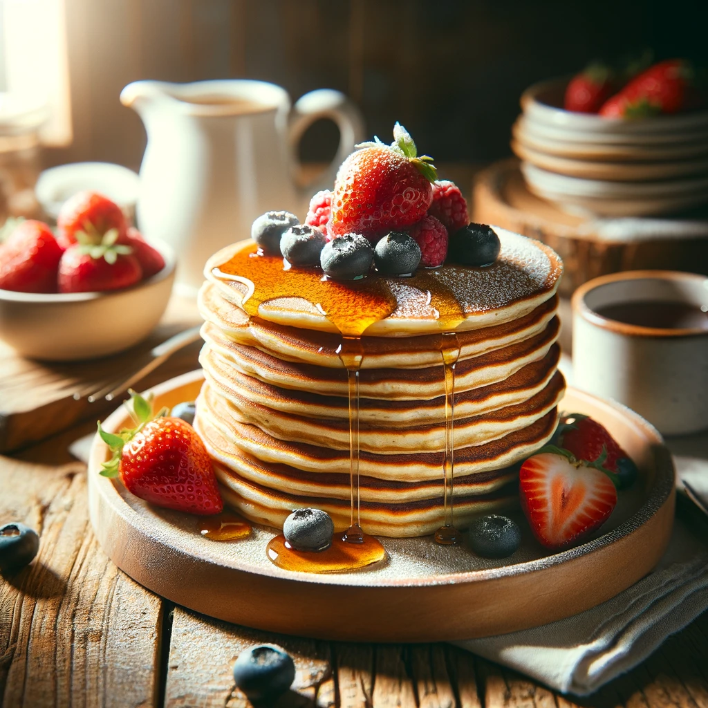 Freshly baked sourdough pancakes topped with maple syrup and berries.