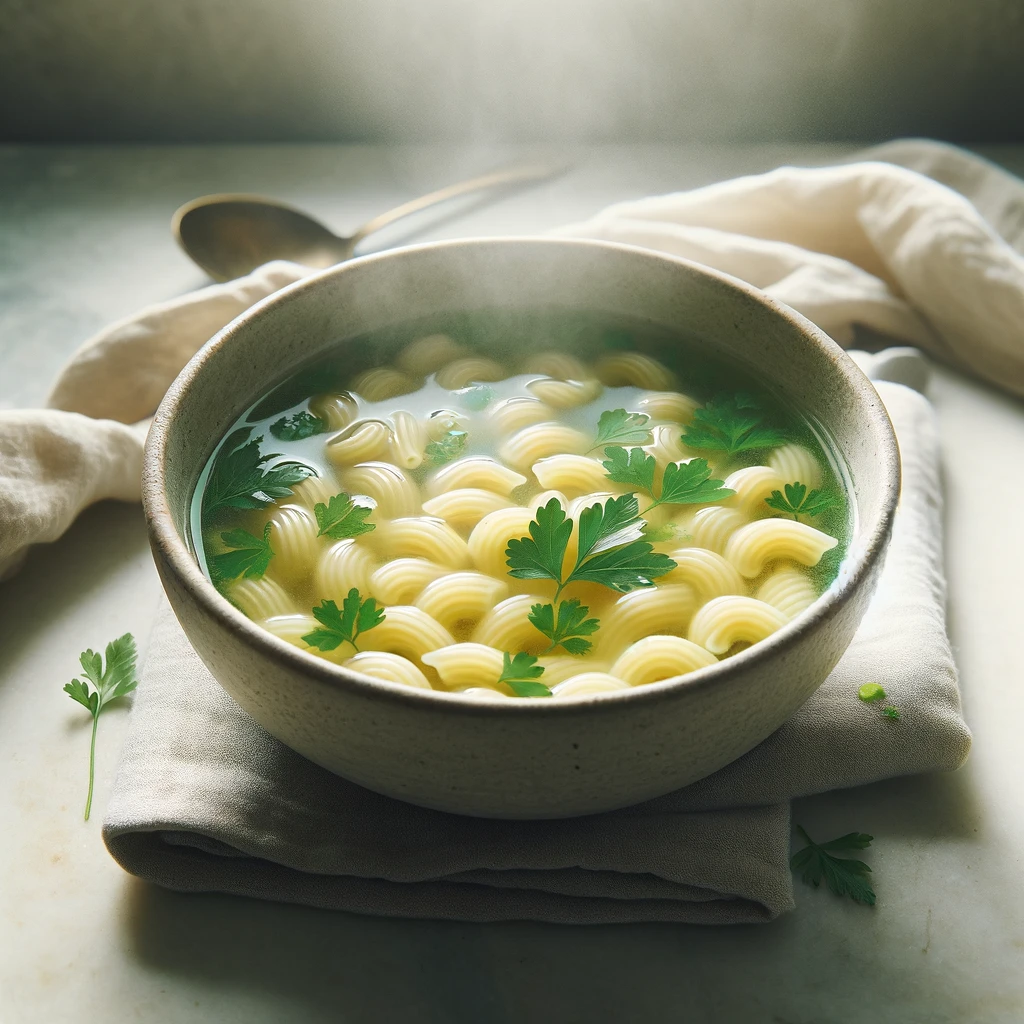 a comforting bowl of pastina in clear broth, garnished with fresh herbs.