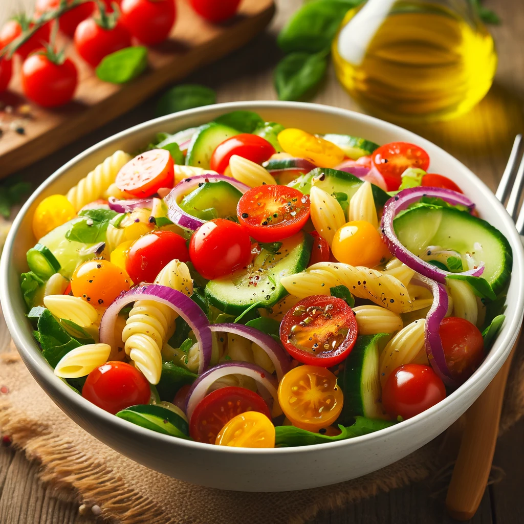 a colorful pastina salad tossed with fresh vegetables and vinaigrette dressing.