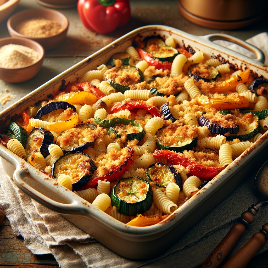 an oven-baked dish of pastina mixed with roasted vegetables, topped with golden breadcrumbs.