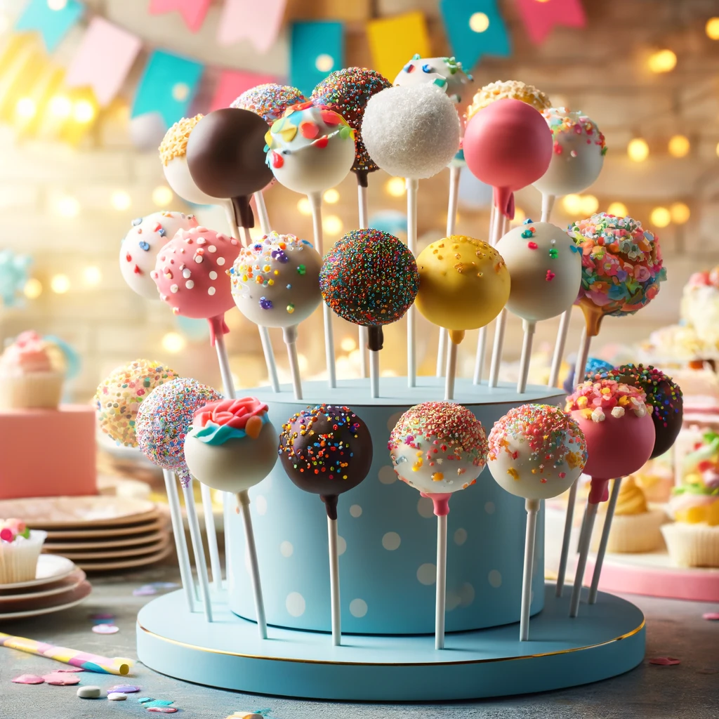 A colorful display of various cake pops in a stand, decorated for a party setting. The image should show a variety of cake pops with different coating