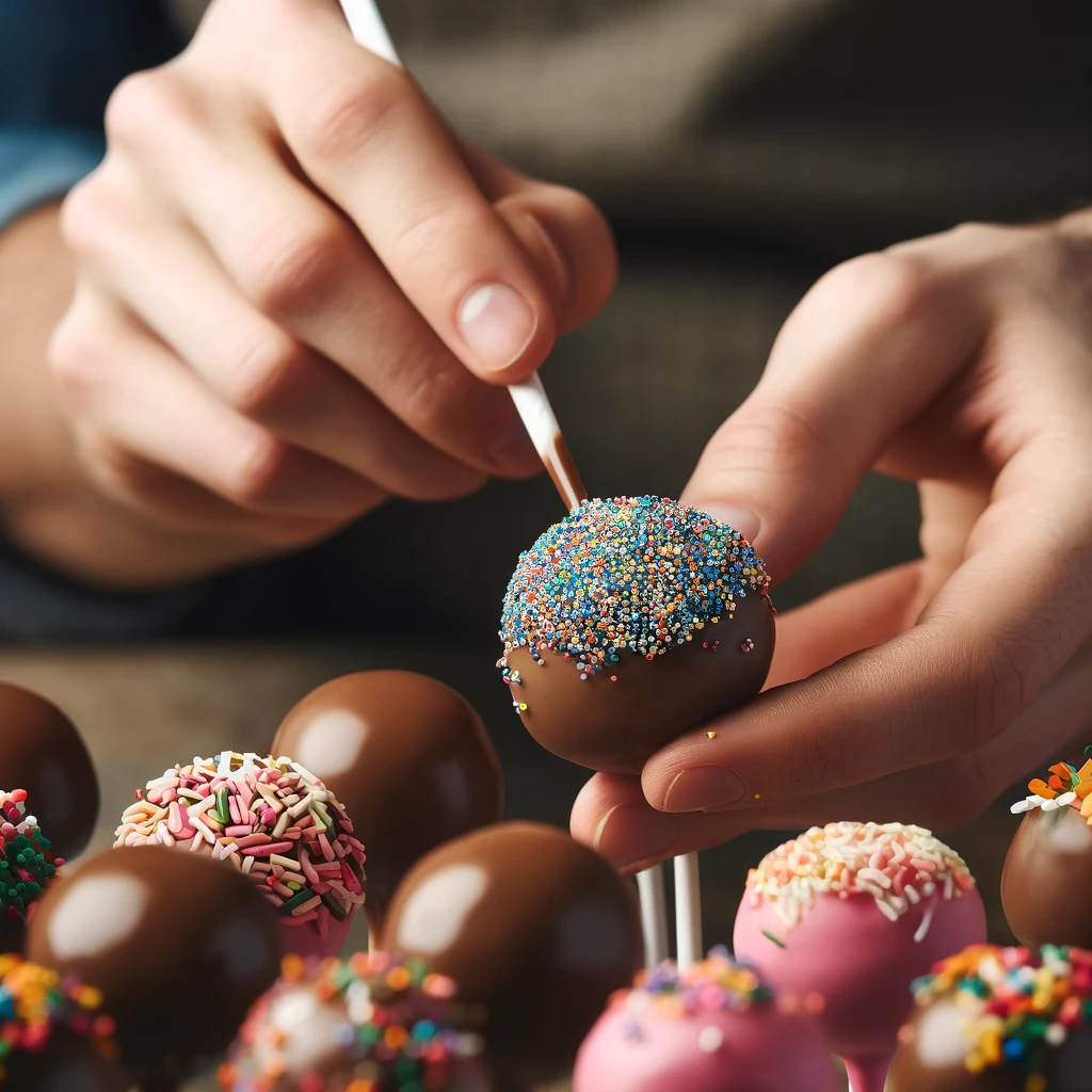 Close-up of a person decorating cake pops, adding sprinkles to wet chocolate coating. This image should focus on the hands of a person