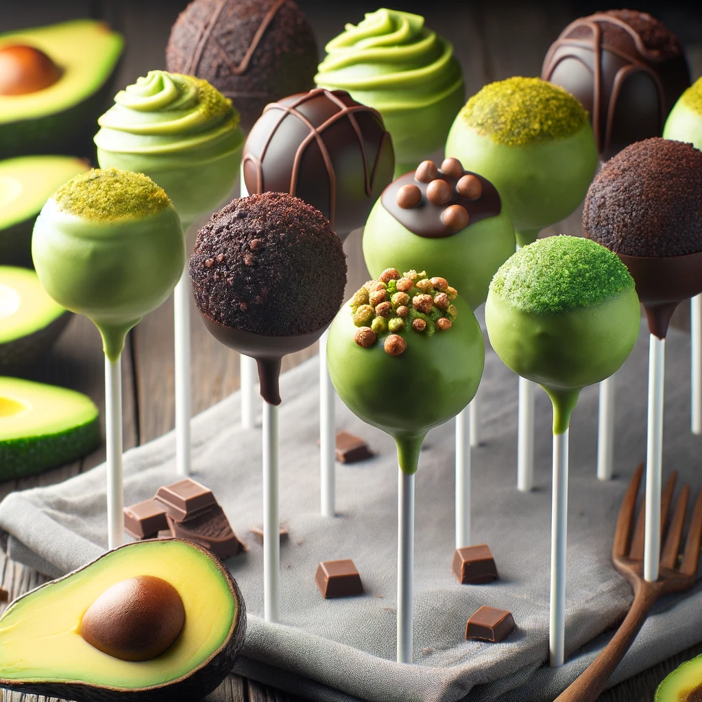 A selection of cake pops made with healthier ingredients like avocado frosting and dark chocolate coating. This image should showcase a variety of cake