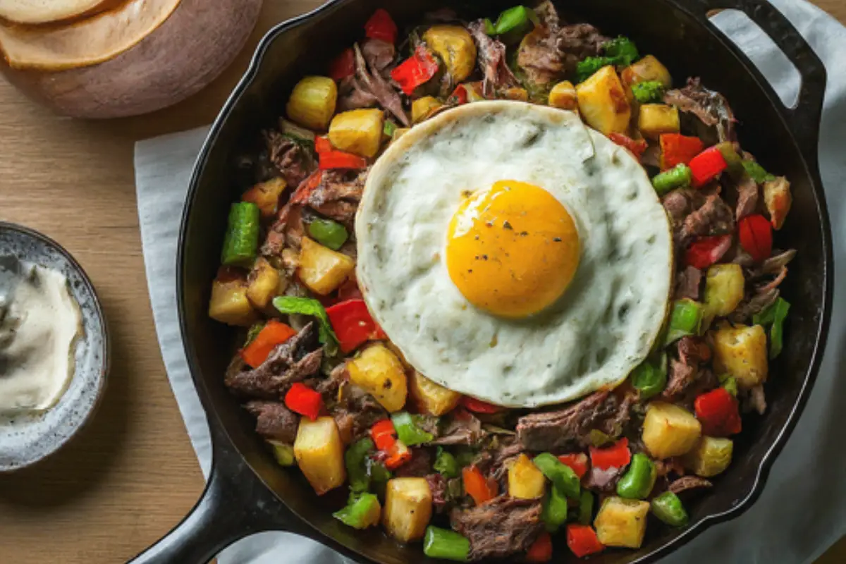  cast iron skillet overflowing with a colorful chuck roast hash featuring diced potatoes, peppers, and a perfectly fried egg on top. 