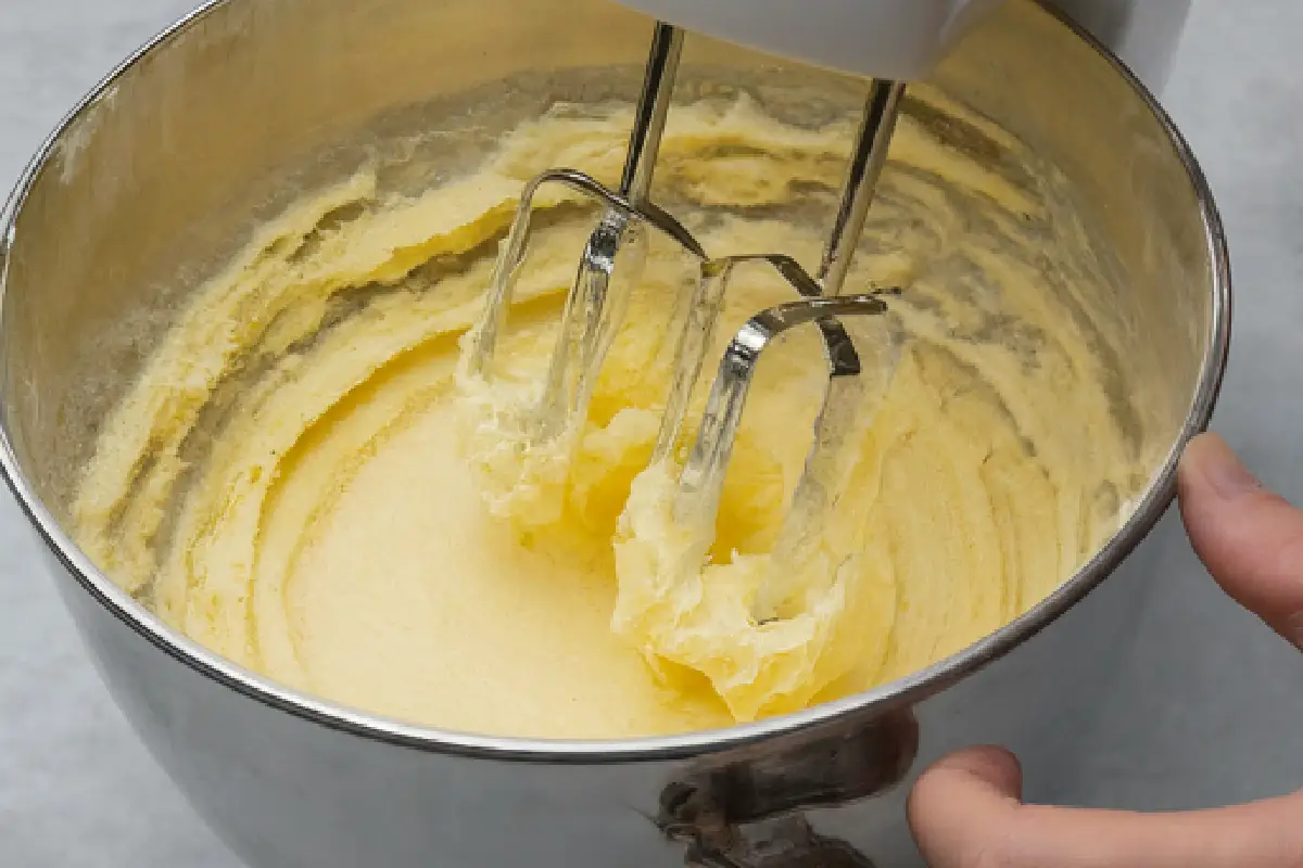 electric mixer creaming softened butter and sugar in a large mixing bowl. The mixture is light and fluffy, with increased volume and a pale yellow color.