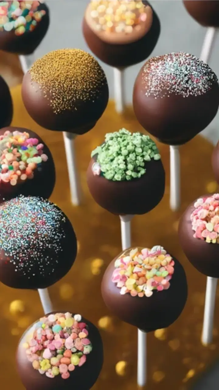 chocolate coating cake pops in a stand,