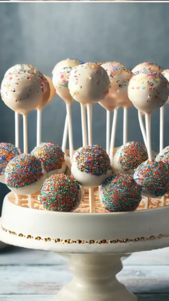 A colorful display of various cake pops in a stand, decorated for a party setting. The image should show a variety of cake pops with different coating