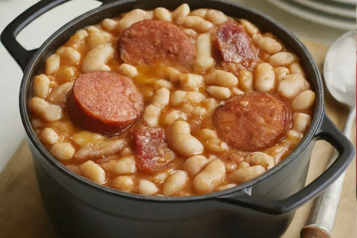 A hearty French cassoulet stew featuring white beans, vegetables, sausages, and sometimes duck confit