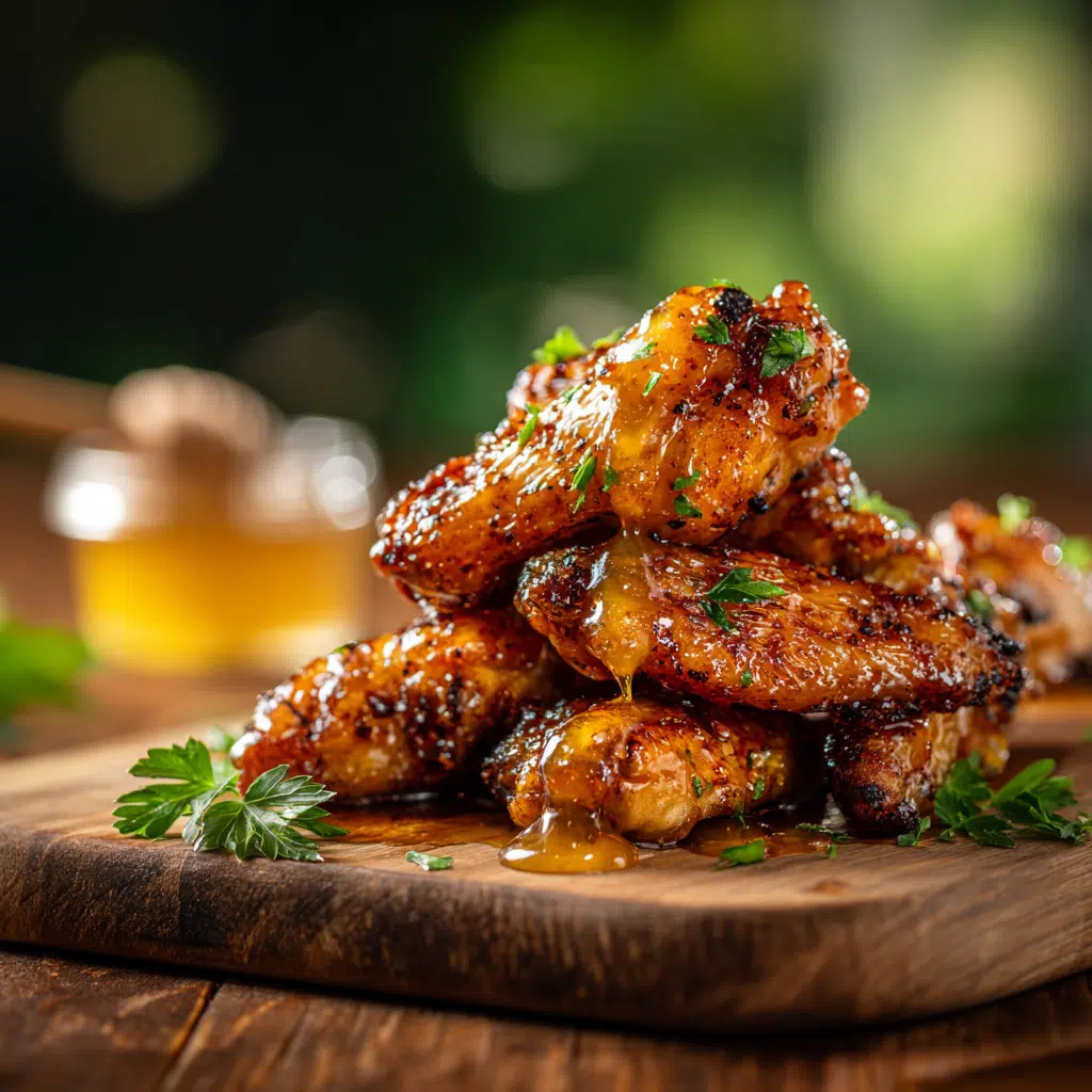 Hot honey wings on wooden board