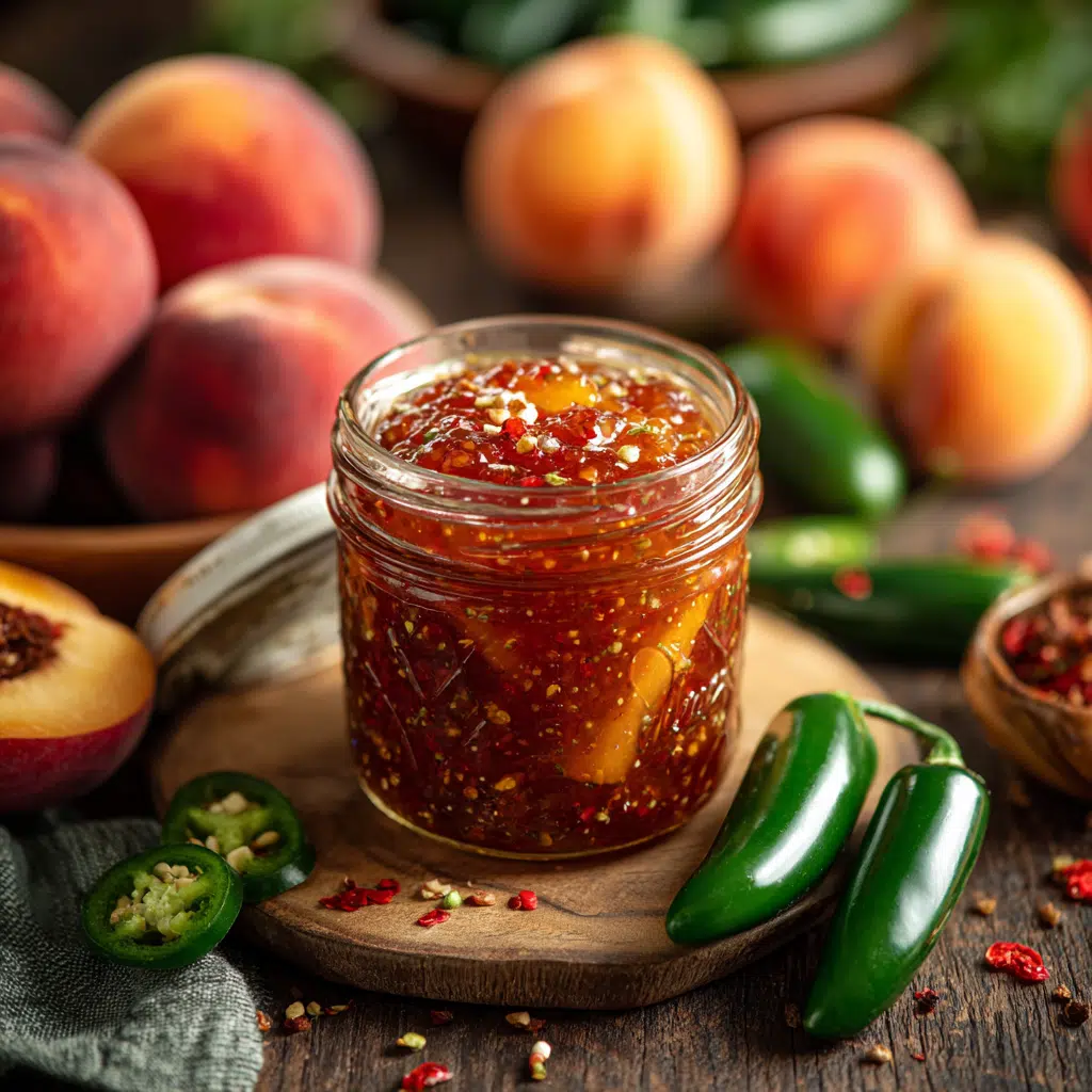 spicy peach jam in rustic jar