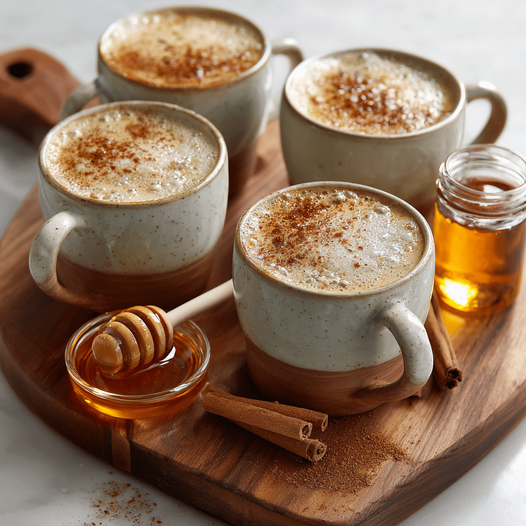 Spicy Maple Latte: Cozy Flavor with a Fiery Twist 4 Four spicy maple lattes served for brunch