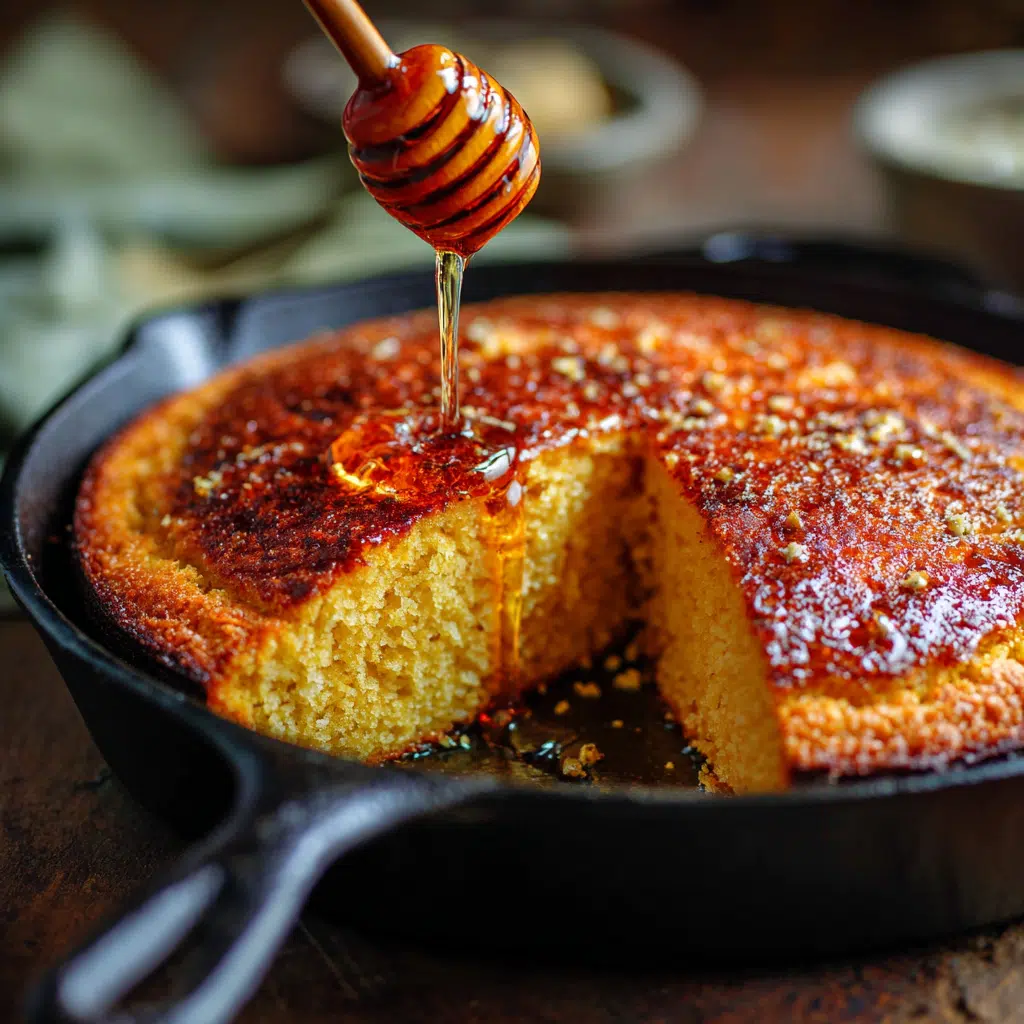 Hot honey cornbread in cast iron skillet with chili honey drizzle